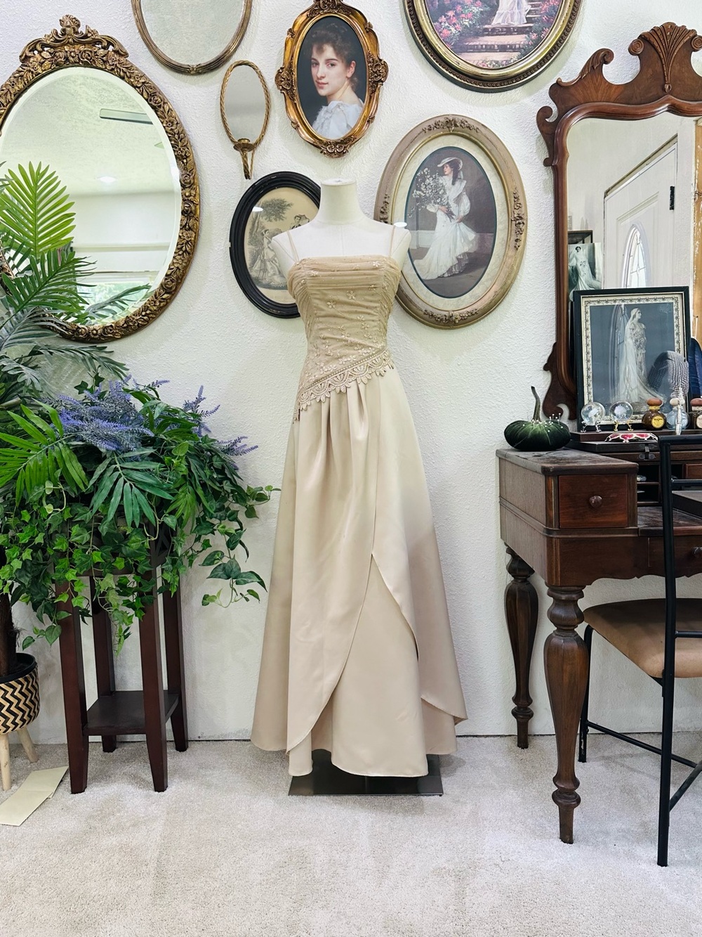 Elegant Beige Strapless Evening Dress with Beaded Bodice